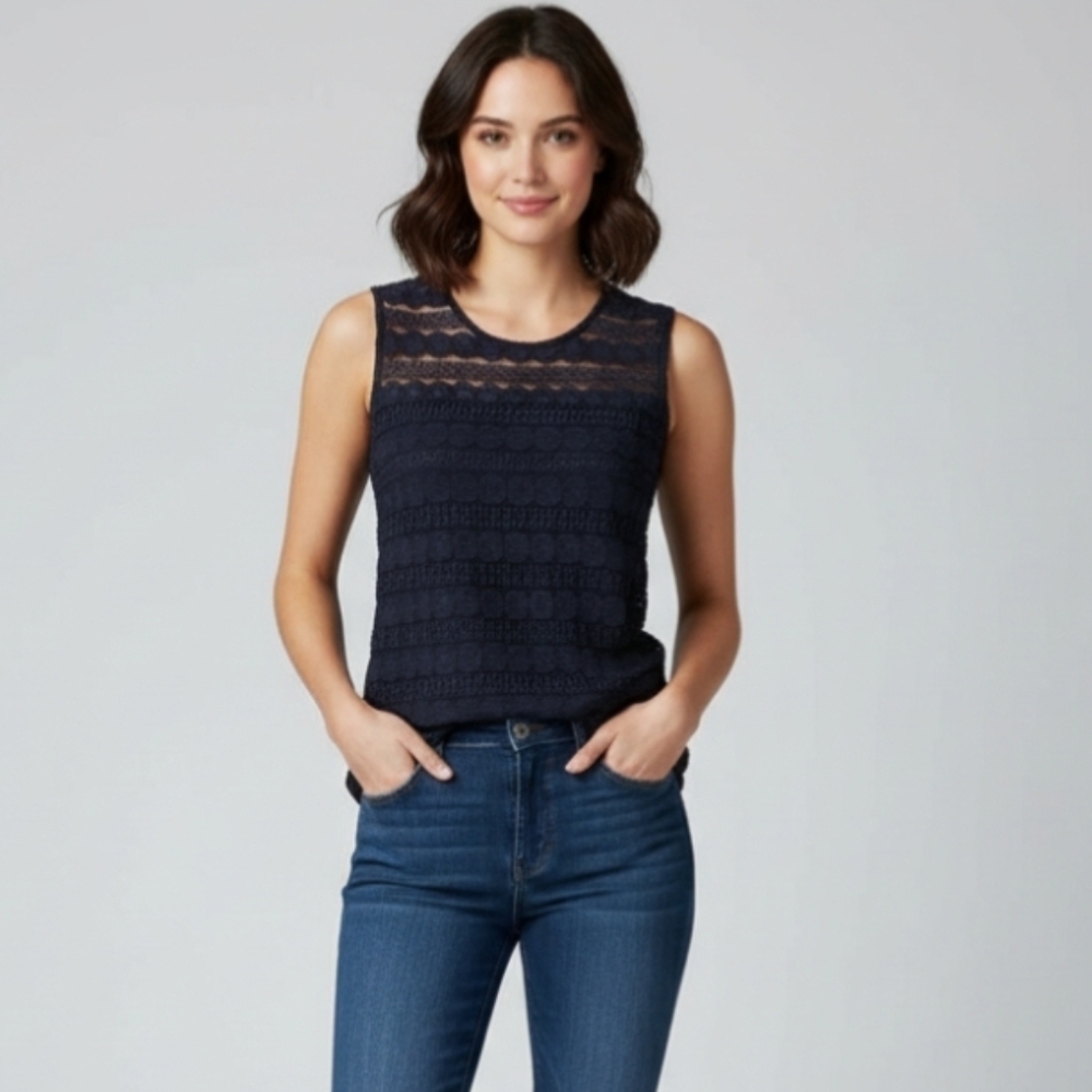 Ann Taylor Women's Size Small Lace Sleeveless Lined Shell Top In Navy